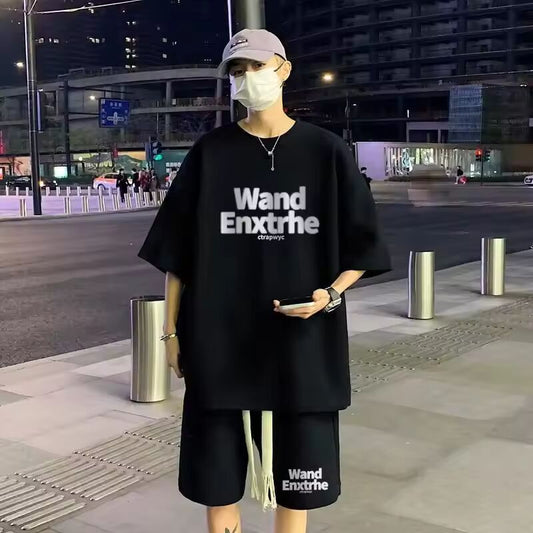 2024 Summer Men's Waffle Sets Casual T-Shirt and Shorts Set Male Sports Suit Solid Letter Printing Color Tracksuit Loose Suits